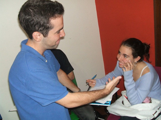 Our American teacher promoting conversation class